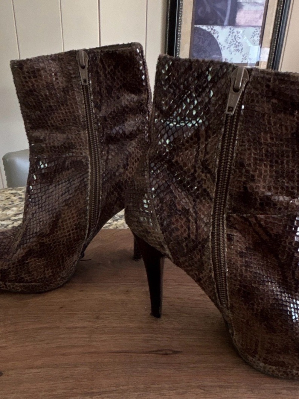 Nine West Brown Snake-Print High Heel Ankle Boots